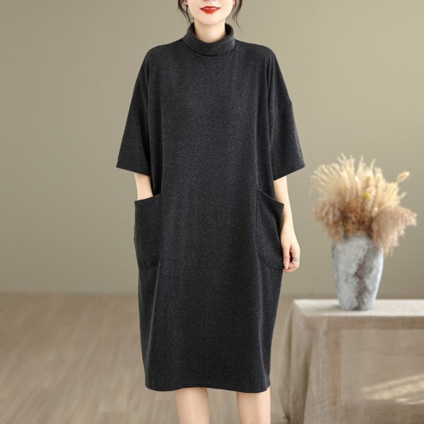 洋裝 - K8110 黑灰磨毛半高領五分袖洋裝【加大F】 