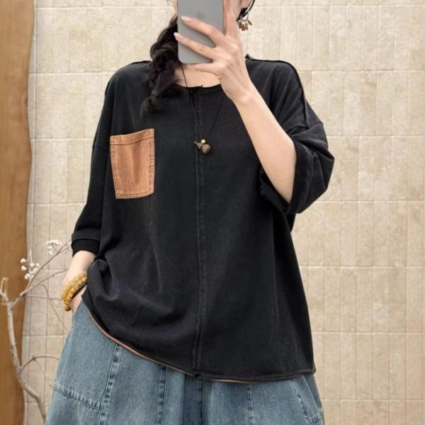 上衣 - F6195 復古仿舊撞色口袋上衣【加大F】 