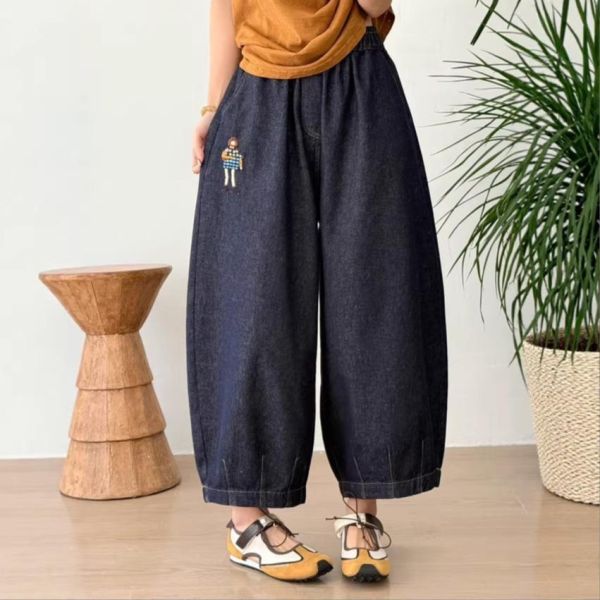 褲子 - F6193 女孩刺繡深藍牛仔褲【F碼】 