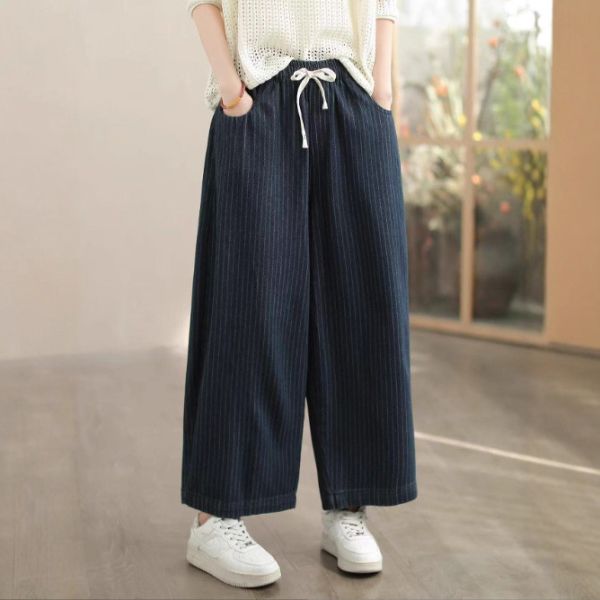 褲子 - F6151 深藍直紋哈倫褲【F碼】 