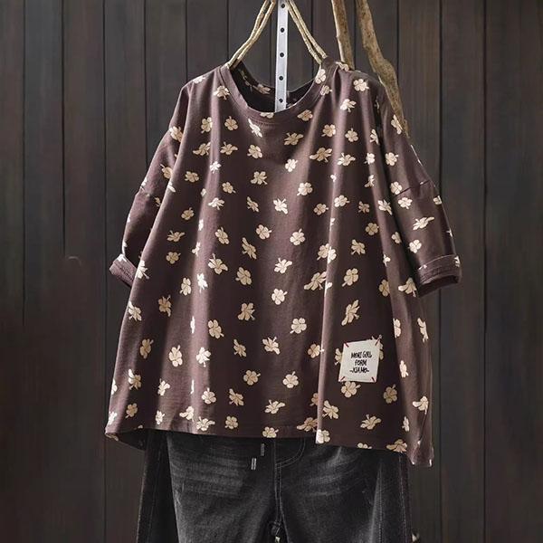 上衣 - F6249 咖啡花朵滿滿寬鬆上衣【加大F】 