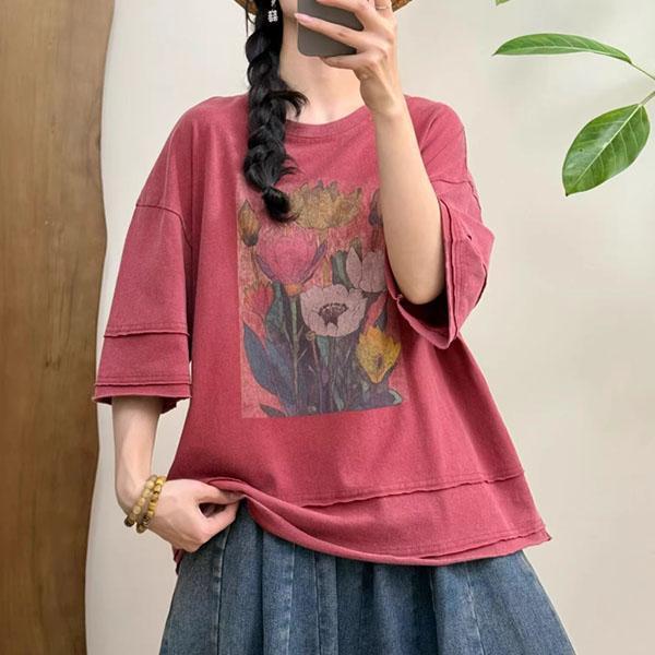 上衣 - F6231 復古仿舊花朵寬鬆上衣【加大F】 