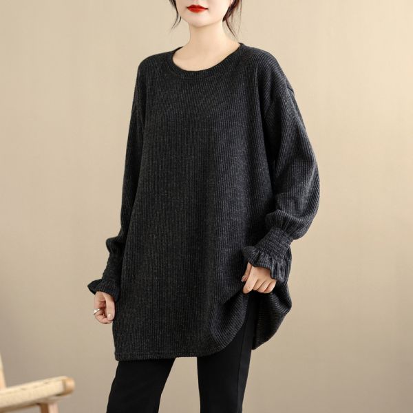 上衣 - A8087 深灰坑條長上衣【F碼】 