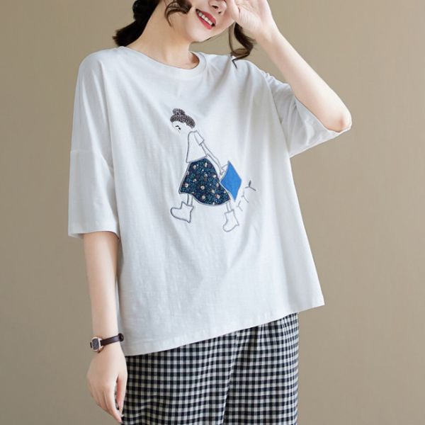 上衣 - A8018 女孩走走貼布刺繡上衣【加大F】 