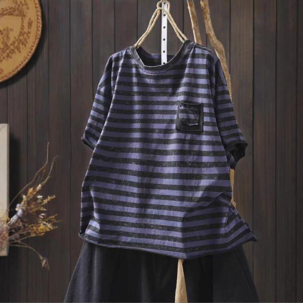 上衣 - F6200 仿舊暈染不收邊條紋上衣【加大F】 