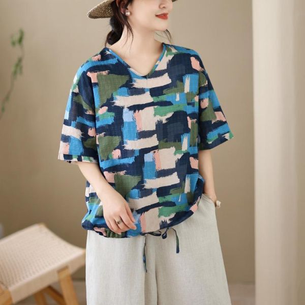 上衣 - A8145 藍調幾何輕薄棉上衣【加大F】 