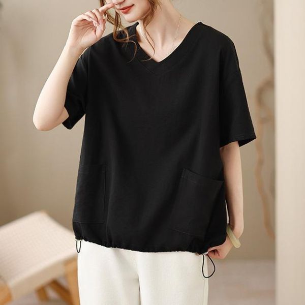 上衣 - A8148 簡約黑．微V領氣質上衣【F碼】 