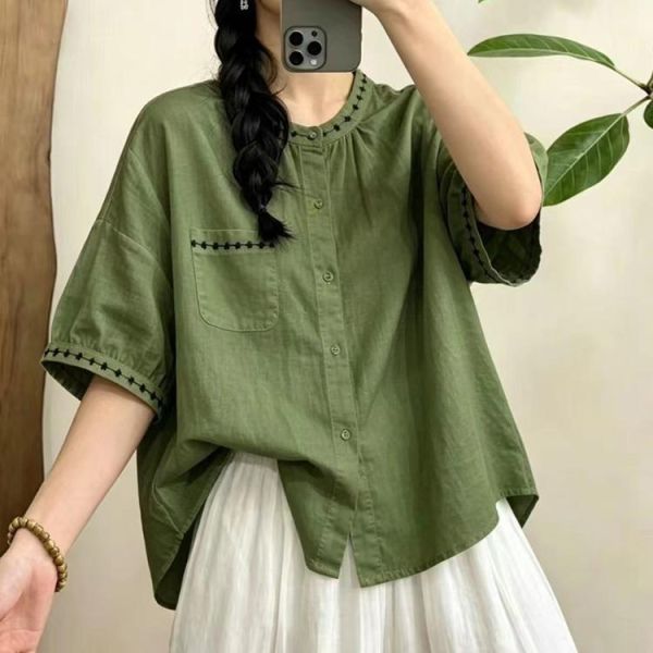上衣 - F6343 文藝感刺繡口袋棉衫【加大F】 