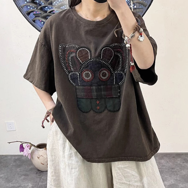 上衣 - F6057 小動物圍巾刺繡寬鬆上衣【加大F】 