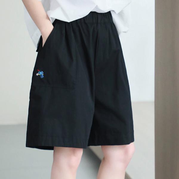 褲子 - F6311 小鳥刺繡素色短褲【F碼】 