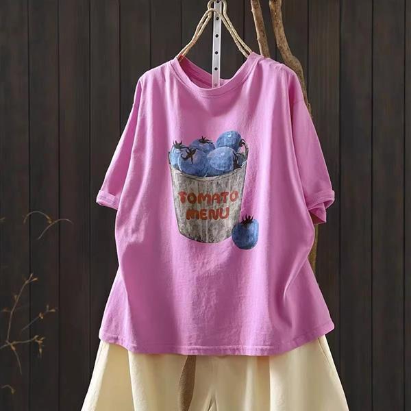 上衣 - F6260 藍莓插畫印花寬鬆上衣【加大F】 