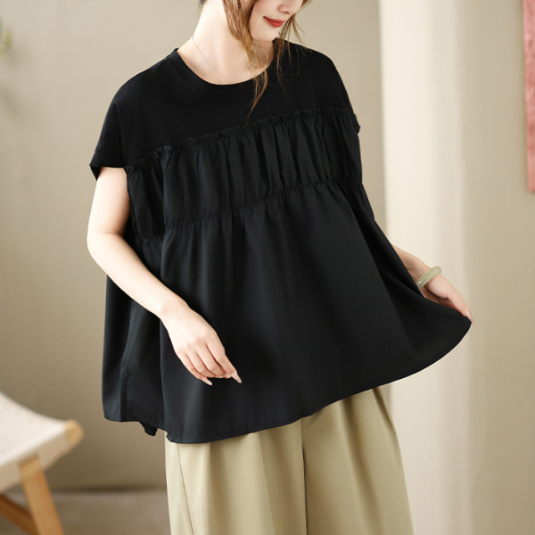 上衣 - A8149 氣質拼接抓褶寬鬆上衣【加大F】 