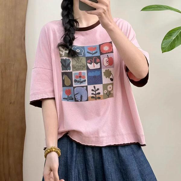 上衣 - F6229 方塊花朵撞色邊上衣【加大F】 