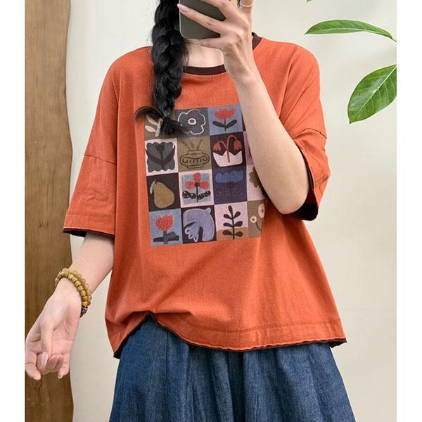 上衣 - F6229 方塊花朵撞色邊上衣【加大F】 