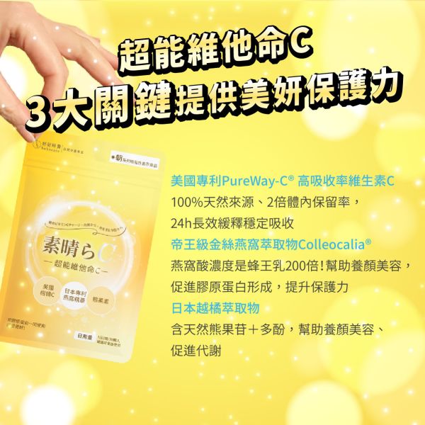 朝·系列|超能維他命C-美國專利Pureway®C+日本金絲燕窩+越橘熊果素 (30顆/包) 維他命C、美白保養、PurewayC、金絲燕窩、熊果素、越橘、膠原蛋白搭配、亮白淡斑、女神必備、日間保養