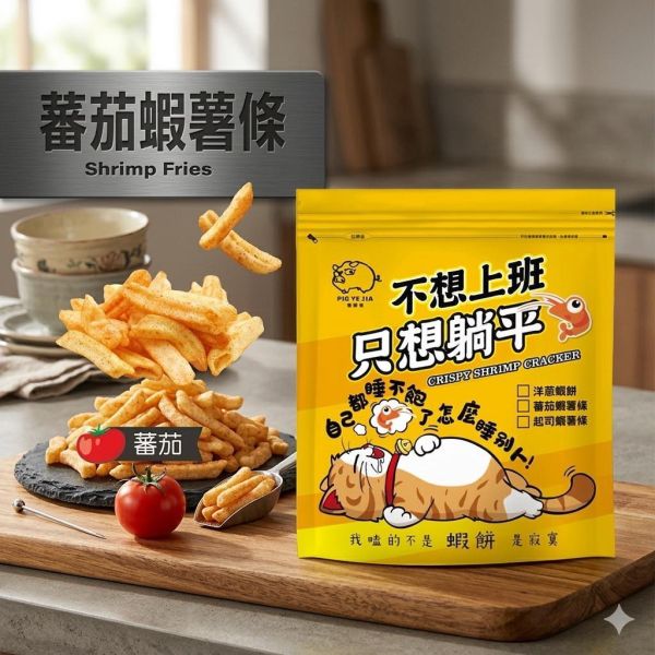 蝦薯條-(番茄口味)袋裝160g 售價150元（任選三個送可愛豬飼料袋） 