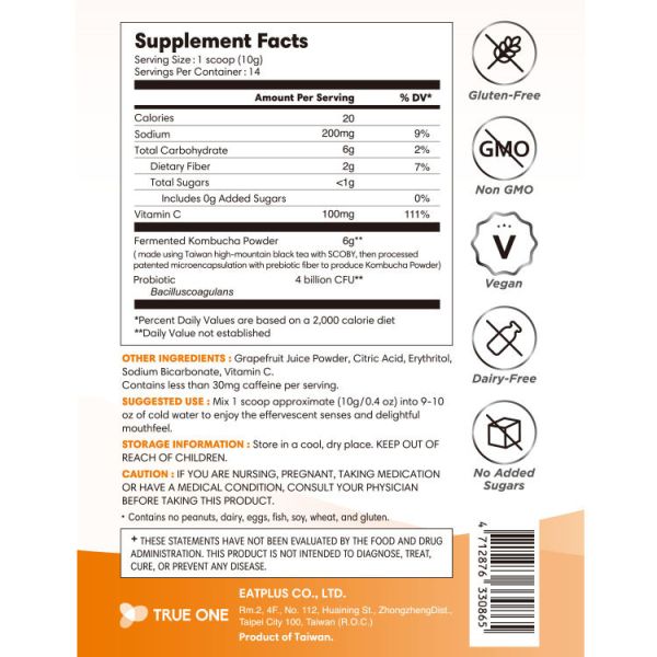 Probiotics Kombucha Powder with Grapefruit & Vitamin C Bag Pack (Per bag: 140g) Kombucha Powder,probiotics tea,fermented tea,Kombucha Powder supplier,Kombucha Powder factory,guide,wholesaler,distributor,OEM,ODM