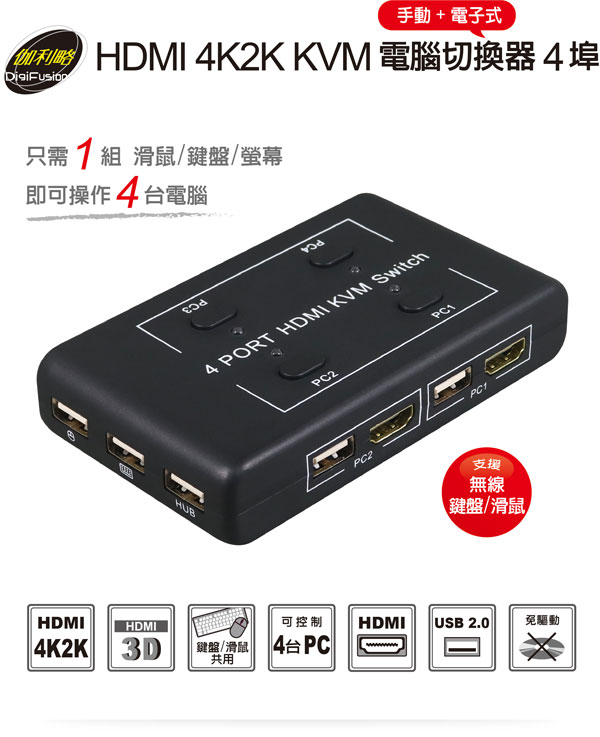 伽利略 HDMI 4K2K KVM 電腦切換器【4埠】手動+電子式HKVM4S 伽利略 HDMI 4K2K KVM 電腦切換器【4埠】手動+電子式HKVM4S