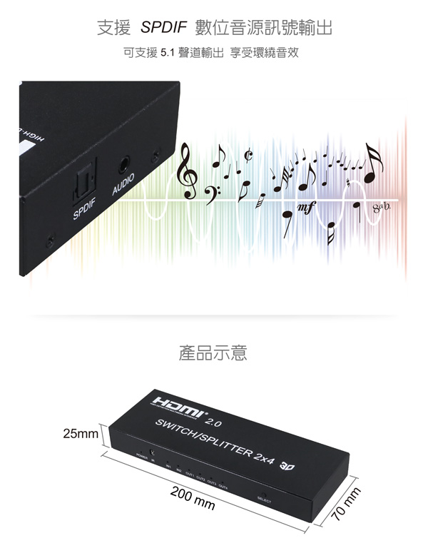 伽利略 HDMI【2進4出】影音分配器HDS204A 伽利略 HDMI【2進4出】影音分配器HDS204A