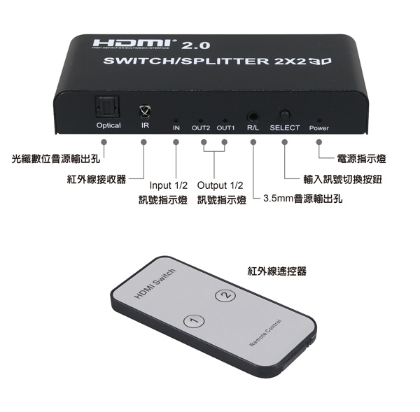 伽利略 HDMI【2進2出】4K2K @60Hz 影音分配器HDS202B 伽利略 HDMI【2進2出】4K2K @60Hz 影音分配器HDS202B