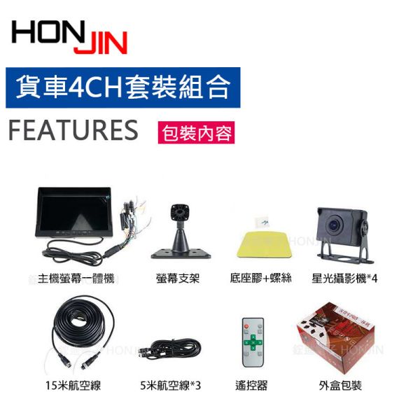 【車用套裝組盒】4路貨車用分割監視器,驗車檢驗標準監控系統,循環錄影,星光夜視等級攝影機,1080P高清顯示,簡易型操作介面,即插即用,SD卡錄影 【車用套裝組盒】4路貨車用分割監視器,驗車檢驗標準監控系統,循環錄影,星光夜視等級攝影機,1080P高清顯示,簡易型操作介面,即插即用,SD卡錄影