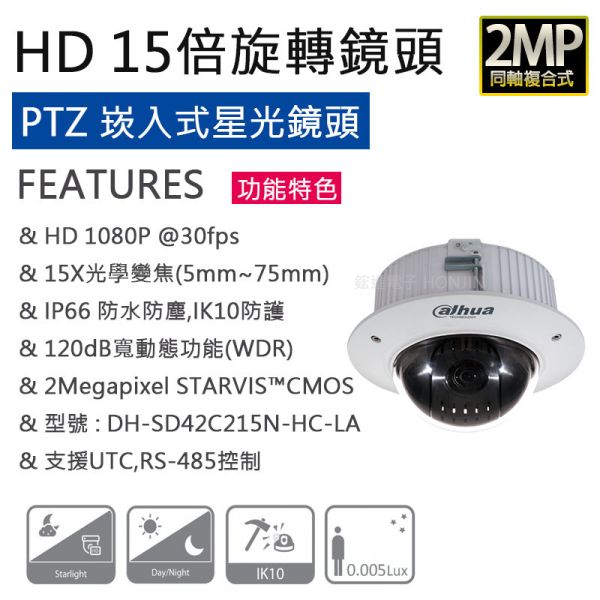 同軸PTZ旋轉型高速球攝影機 15倍光學變焦,星光級,類比高清4IN1,360度,吸頂崁入式DH-SD42C215N-HC-LA 同軸PTZ旋轉型高速球攝影機 15倍光學變焦,星光級,類比高清4IN1,360度,吸頂崁入式DH-SD42C215N-HC-LA