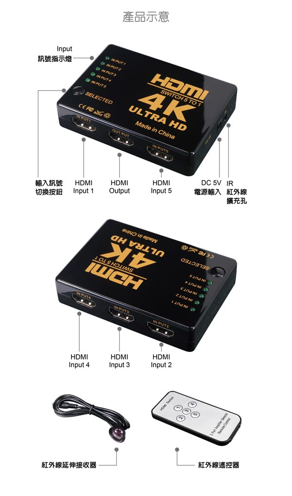 伽利略 HDMI【5進1出】影音切換器+遙控器H4501R 伽利略 HDMI【5進1出】影音切換器+遙控器H4501R