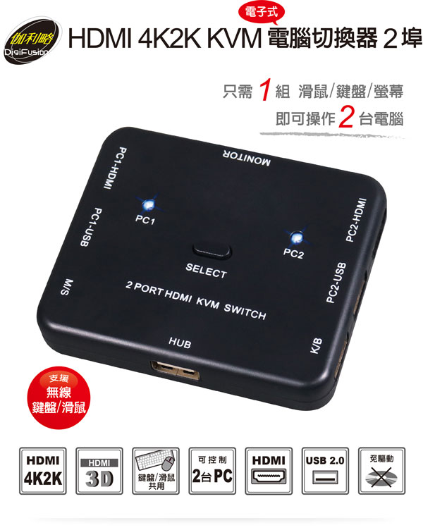 伽利略 HDMI 4K2K KVM 電腦切換器【2埠】電子式HKVM2S 伽利略 HDMI 4K2K KVM 電腦切換器【2埠】電子式HKVM2S