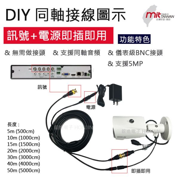 【懶人線】監視器DIY成品線材,訊號+電源,2合1監控線,鍍金防氧化,長度:50米(5000公分) 【DIY懶人線】監視器DIY同軸線材,訊號+電源,2合1監控線,同軸音頻線材,室外室內可用,800萬同軸線材