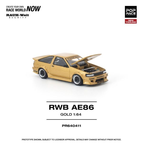 (預購) 新模具 POP RACE 1/64 豐田  RWB AE86 GOLD 金曜 PR640411 20251121 新模具 POP RACE 1/64 豐田  RWB AE86 GOLD 金曜 PR640411