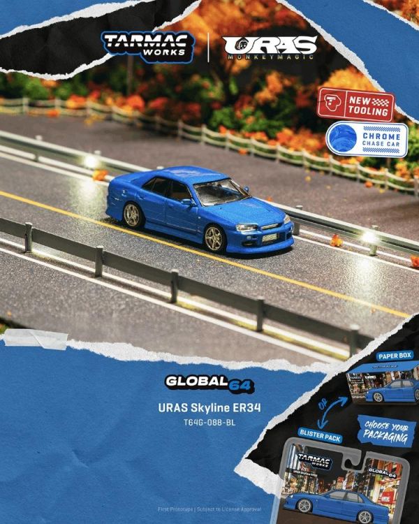 (預購) [吊卡版] TARMAC WORKS 1/64 日產URAS Skyline ER34 Blue T64G-088-BL-B 20260323 [吊卡版] TARMAC WORKS 1/64 日產URAS Skyline ER34 Blue T64G-088-BL-B