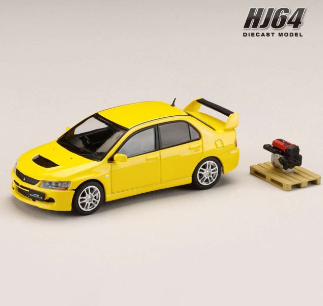 Hobby JAPAN 1/64 三菱 MITSUBISHI LANCER EVOLUTION 9 GSR + 展示引擎 純黃 Hobby JAPAN 1/64 三菱 MITSUBISHI LANCER EVOLUTION 9 GSR + 展示引擎 純黃