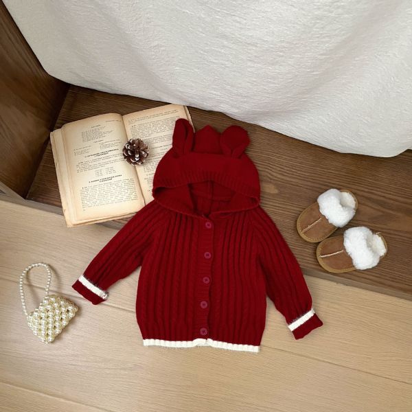 莓紅小熊針織開衫 