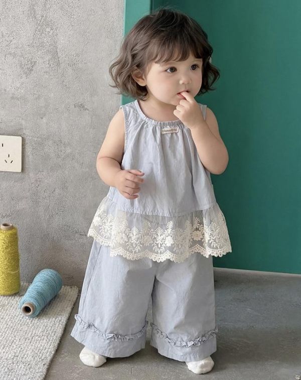 療癒藍蕾絲下擺套裝 