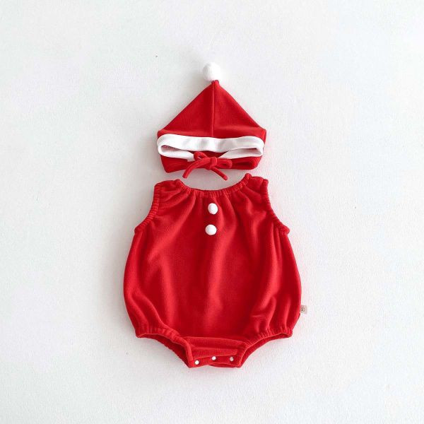 三色聖誕無袖包屁｜附帽 