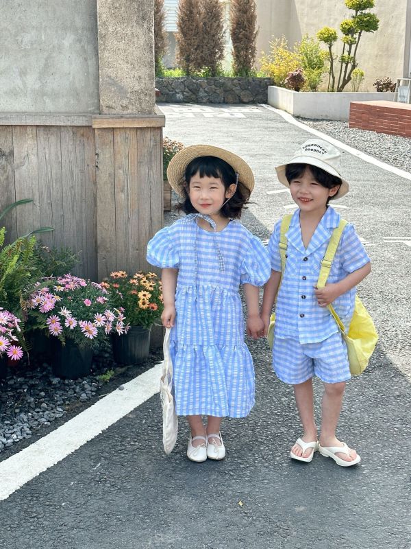 小藍格夏日兄妹裝 