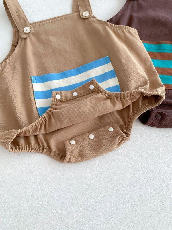 橫條紋口袋吊帶套裝 