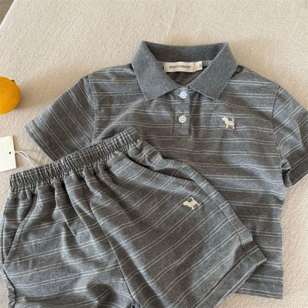 胸前狗狗日系條紋套裝 