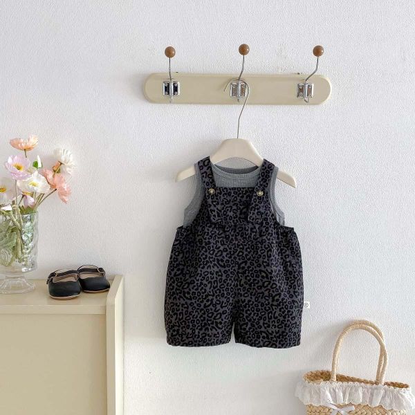 灰色黑豹紋吊帶褲套裝 