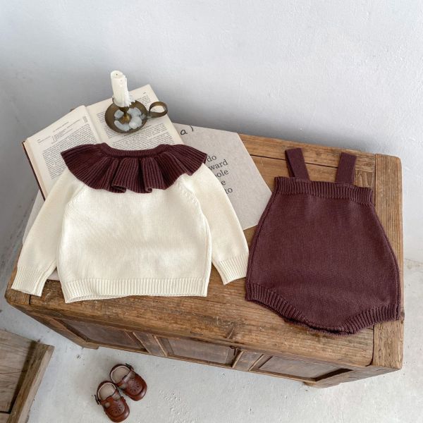 栗可可愛心翻領針織包屁套裝 