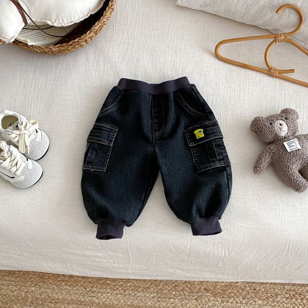 保暖款小口袋牛仔工裝褲 