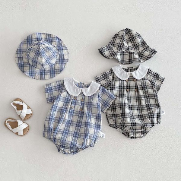 復古格子短袖薄款包屁｜附帽 