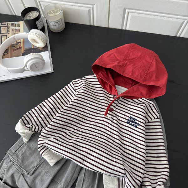 美式條紋拼色連帽上衣 