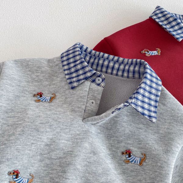 小狗刺繡假兩件格紋領上衣 