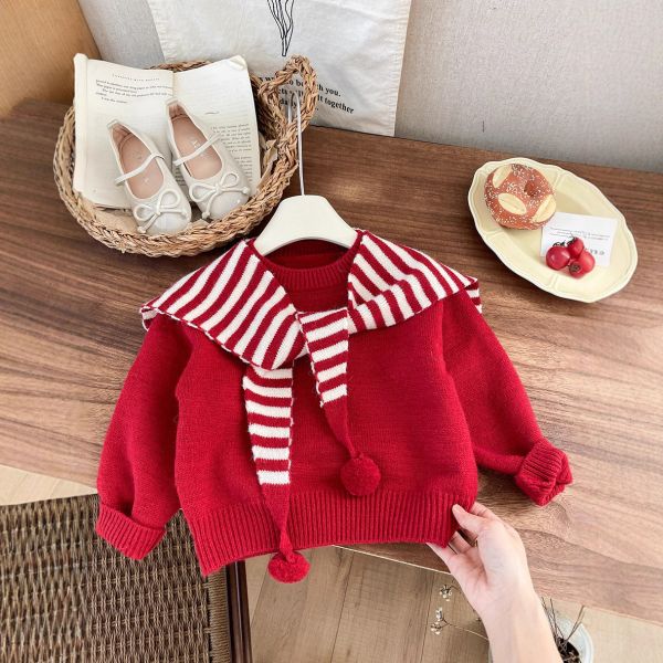 紅白糖果翻領披肩針織衣 
