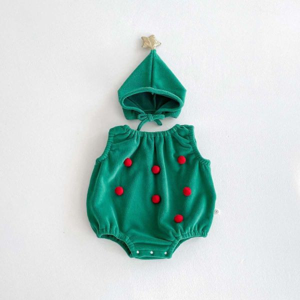 三色聖誕無袖包屁｜附帽 