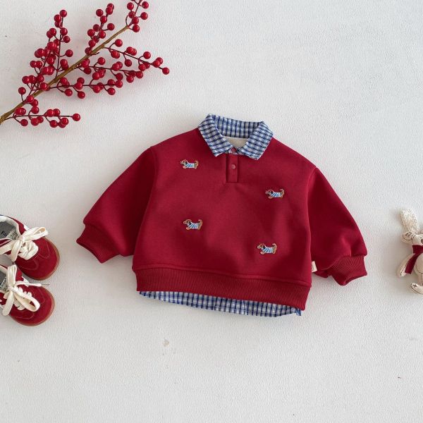 小狗刺繡假兩件格紋領上衣 