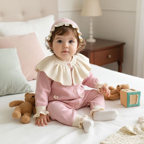 奶油荷葉邊針織連身衣套組 