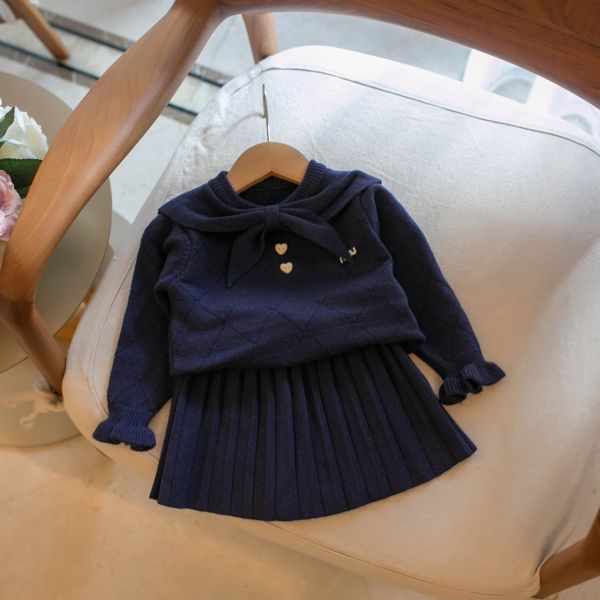 小小姐蝴蝶領針織百褶套裝 