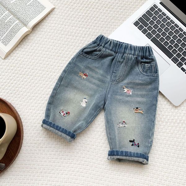 狗狗大集合刺繡牛仔長褲 
